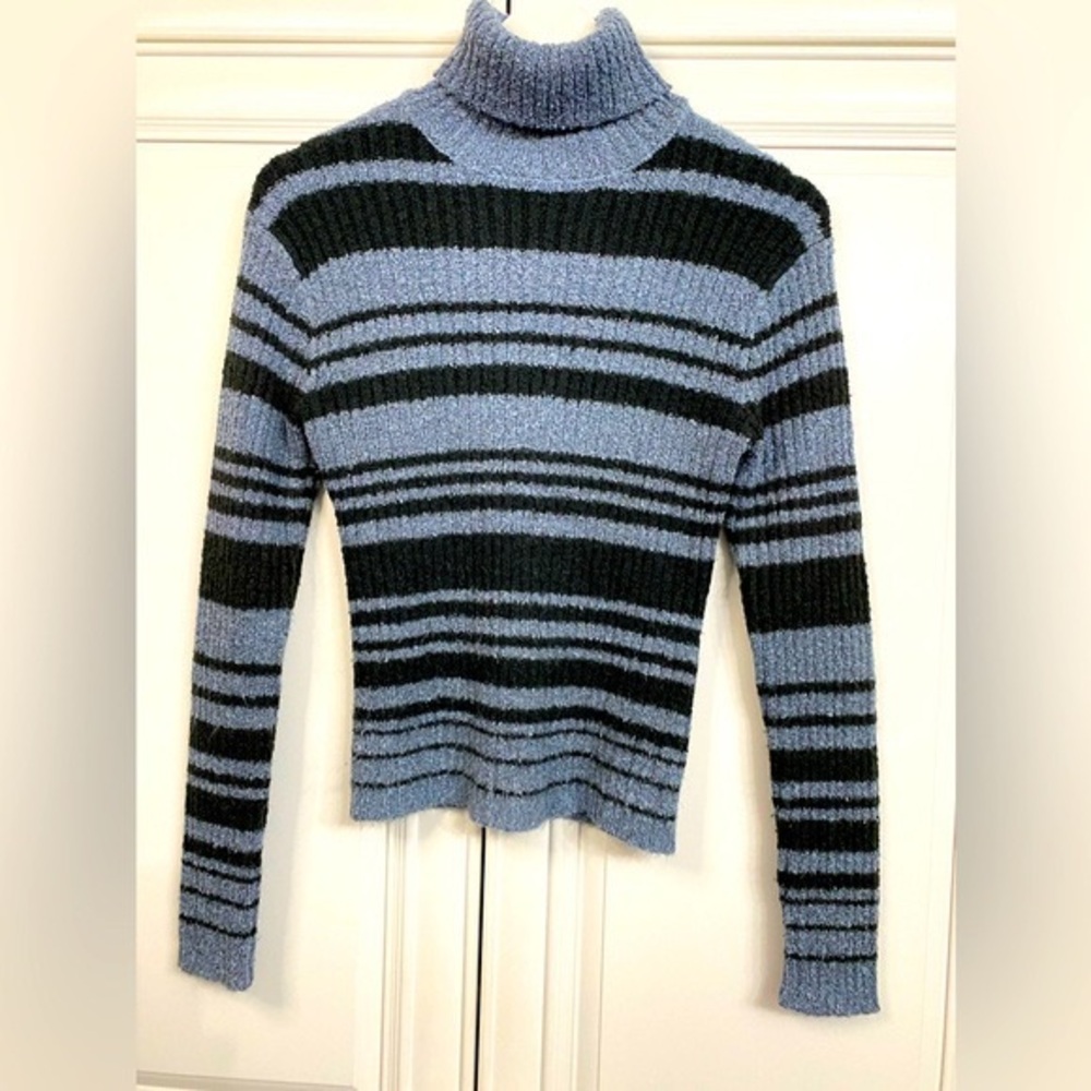 Accomplice Womens Size Medium Blue and Black Striped Turtleneck Top Shirt